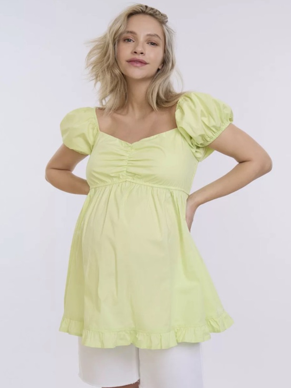 Women’s Puff-Sleeve Babydoll Maternity Top in Light Lime